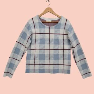 Rachel Zoe Plaid Fuzzy Knit Crewneck Sweater Blue White Burgundy Small